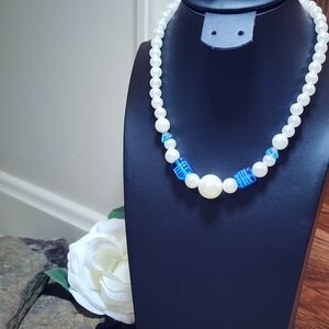 Elegant Faux Pearl Necklace With Blue Glass Beads